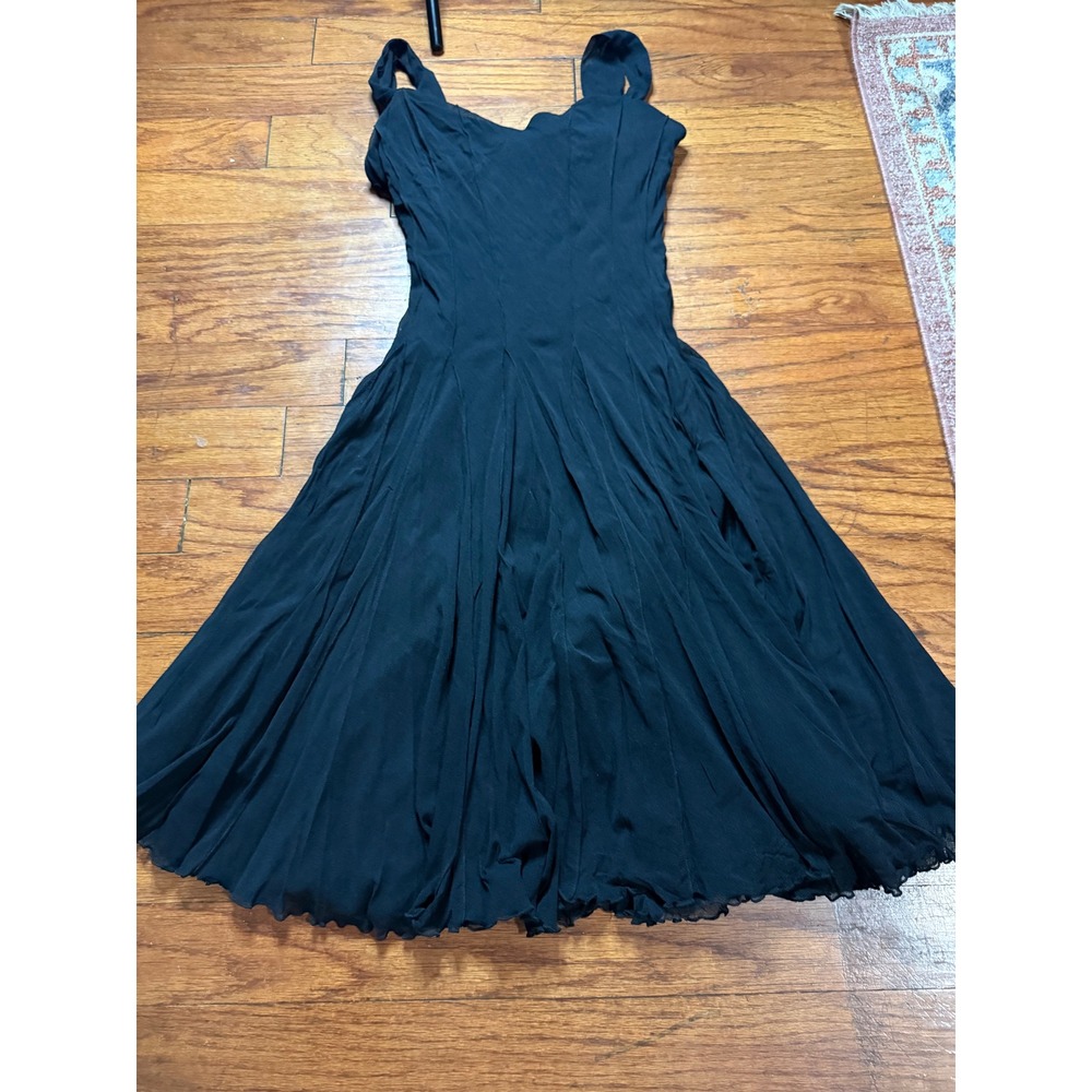 Elana Kattan Black Mesh Midi Dress Sweetheart Neckline Flared Skirt Size M